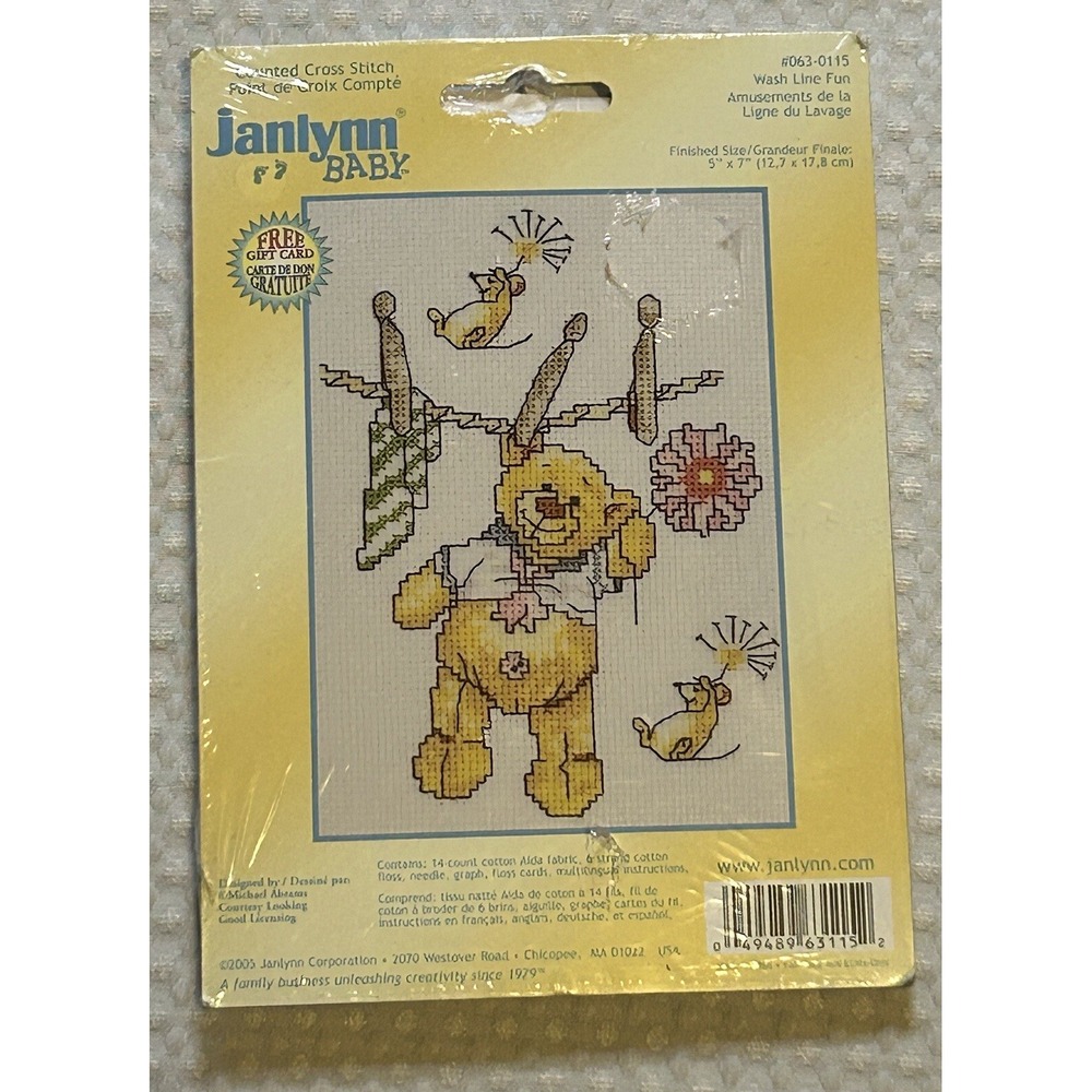 Janlynn (5X7) NEW - Counted Cross Stitch Kit WASH LINE FUN Teddy 14-Count Stitch